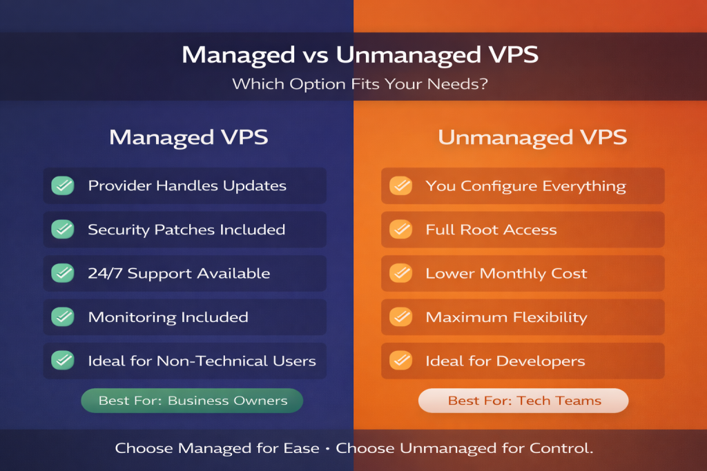 managed vs unmanaged vps hosting comparison showing responsibilities and control