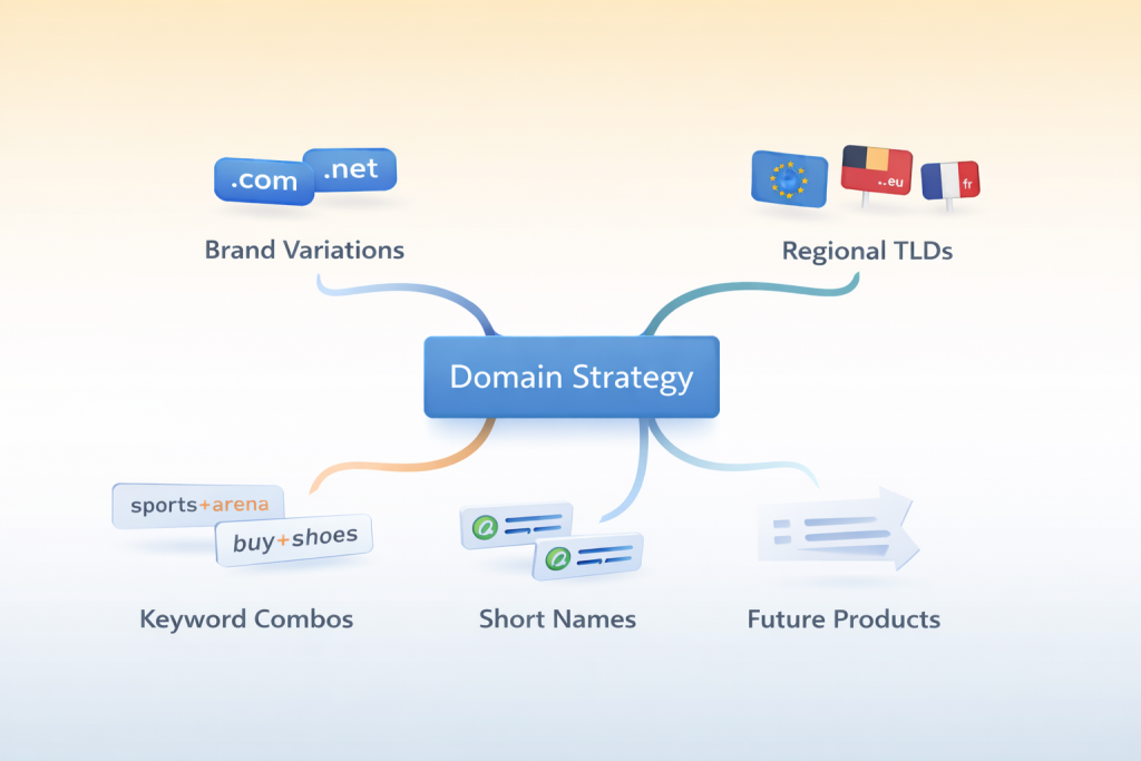 multiple domain search strategy showing keyword variations brand names and regional TLD selection