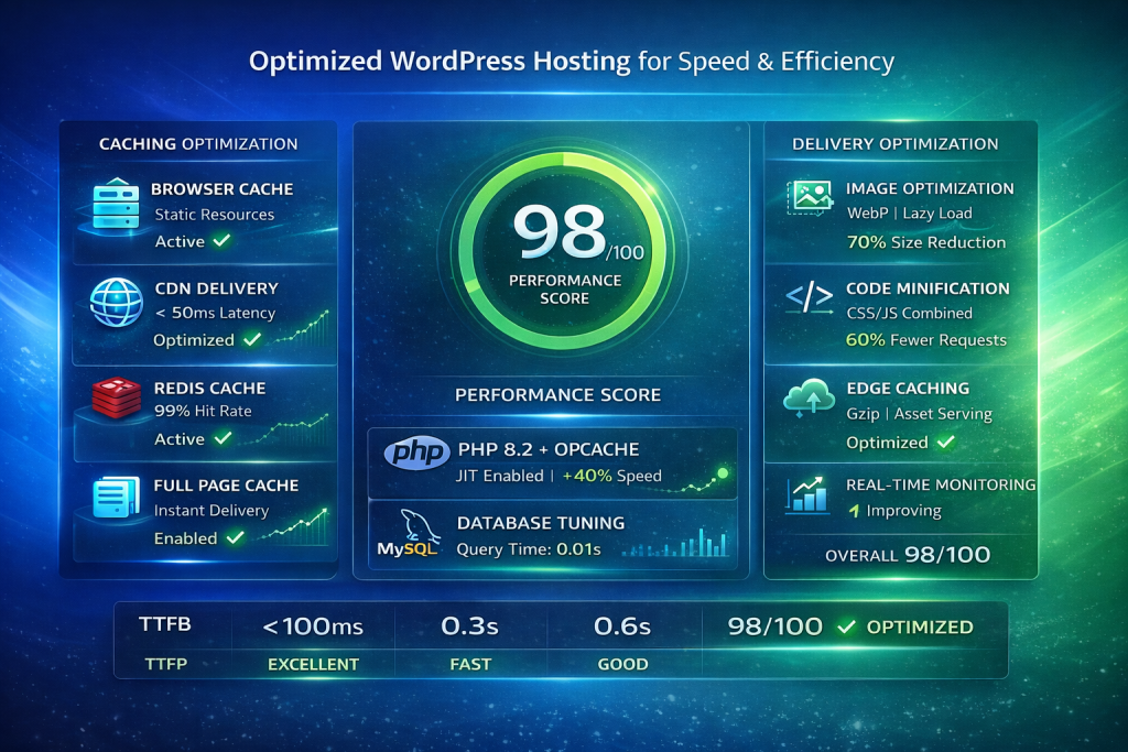 optimized WordPress hosting with caching CDN database tuning and performance enhancements