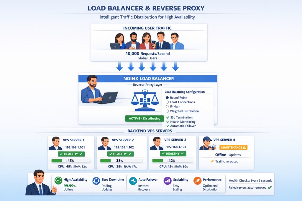 reverse proxy and load balancer distributing traffic across VPS servers