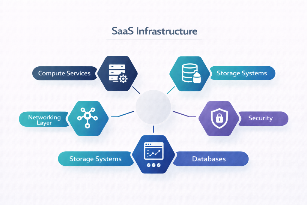 saas cloud infrastructure diagram showing compute storage databases networking security and monitoring
