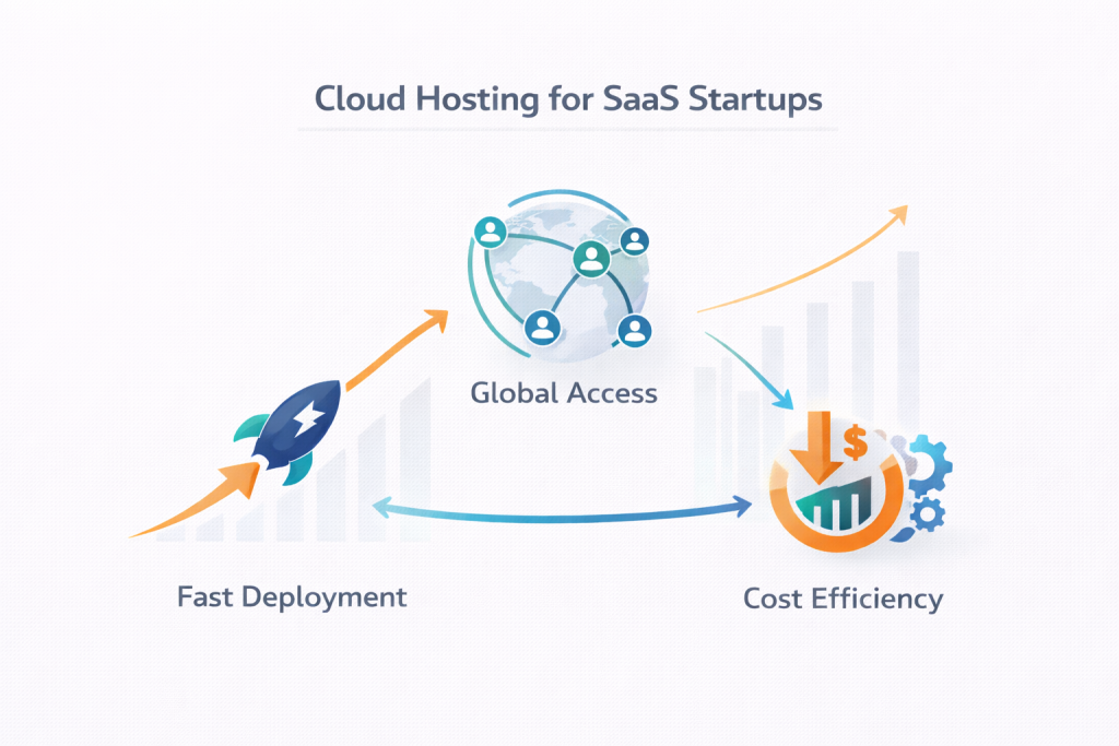 cloud hosting for saas startups diagram showing fast deployment global access and cost efficiency