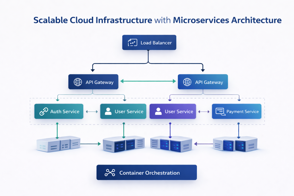 Scalable cloud infrastructure design with microservices and horizontal scaling architecture