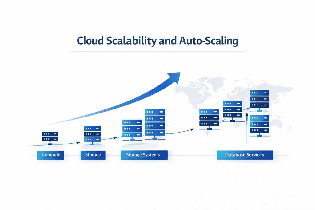 scalable cloud infrastructure diagram showing application growth and auto scaling across regions