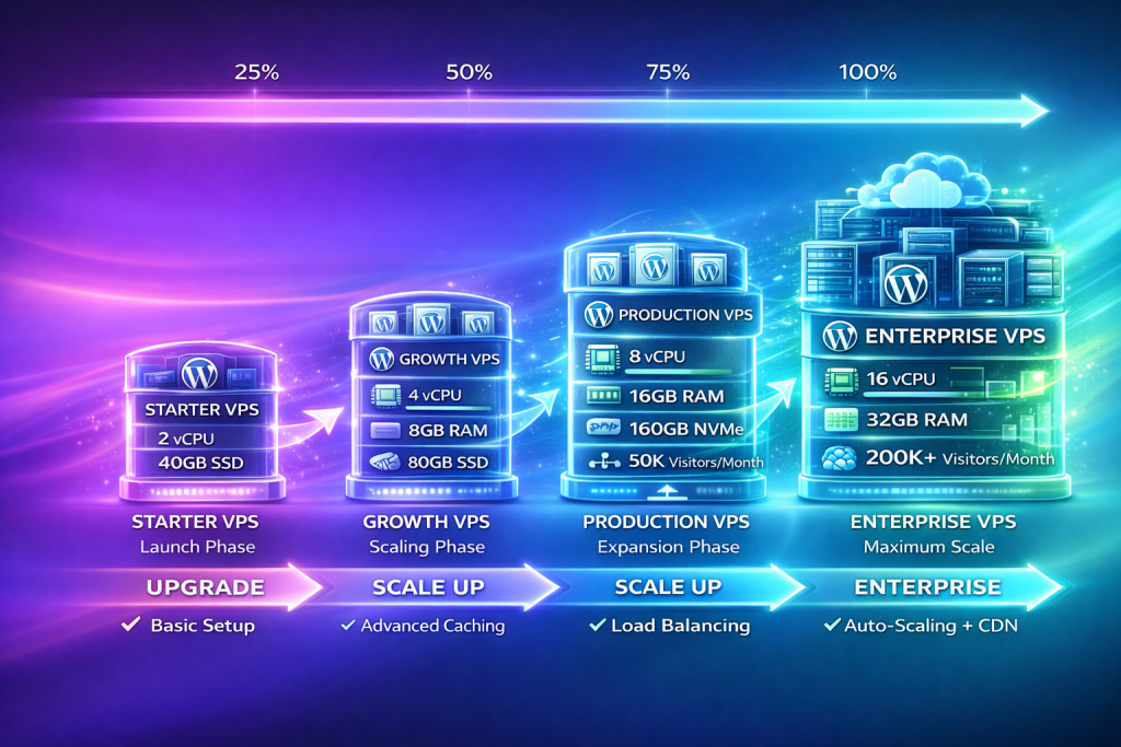 scalable WordPress VPS hosting showing increasing server resources and traffic growth
