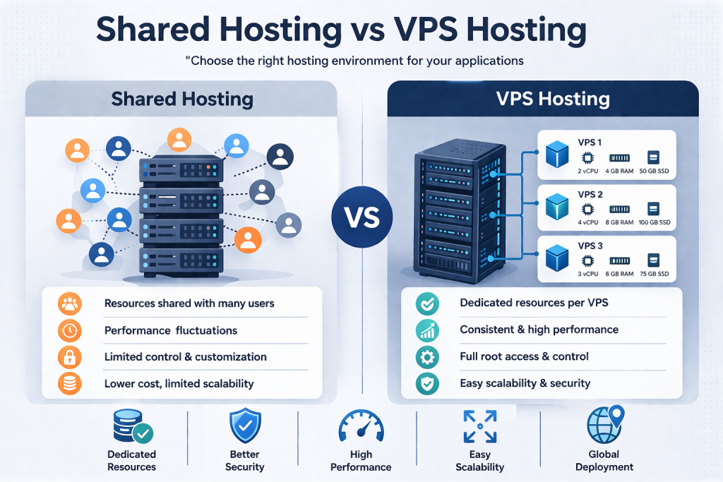 comparison of shared hosting vs VPS hosting showing resource allocation performance and control differences