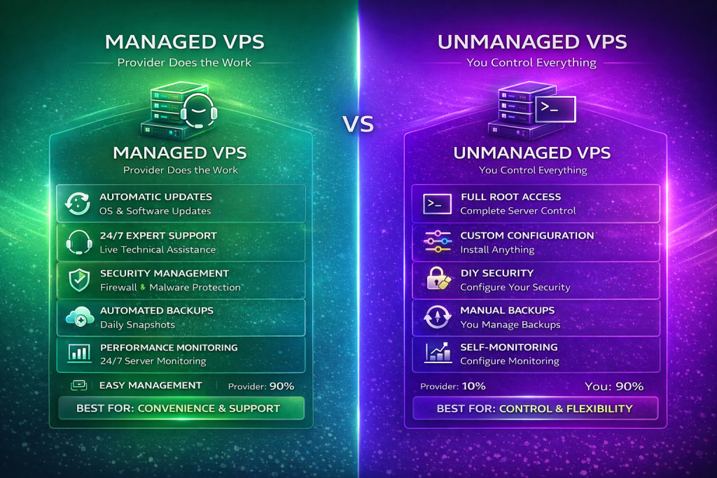 unmanaged VPS hosting with full root access and user-controlled server configuration
