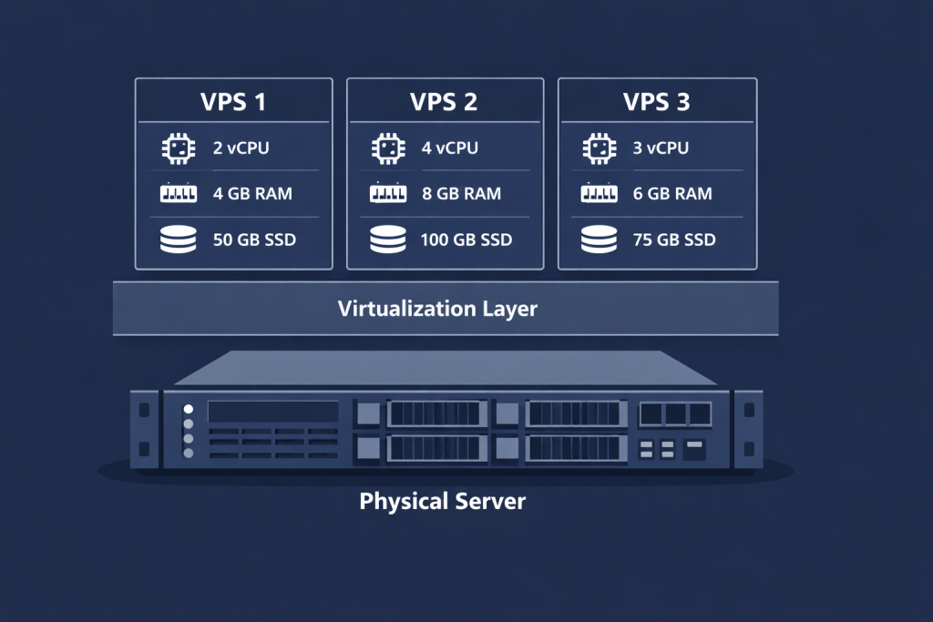 VPS application deployment architecture showing physical server, virtualization layer, and multiple VPS instances