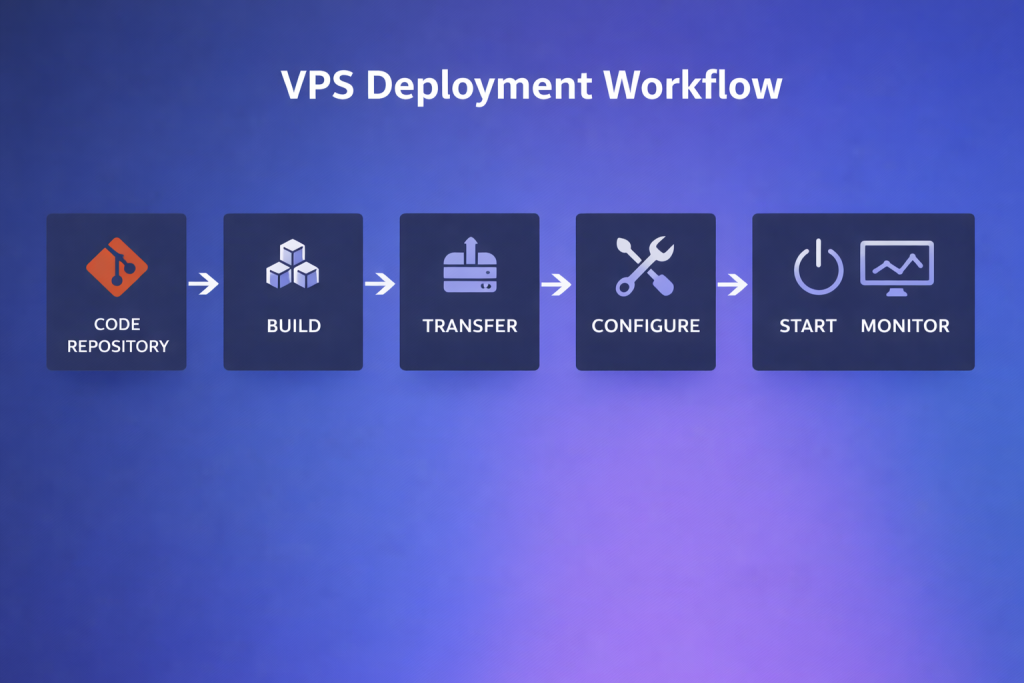 VPS application deployment workflow from code repository to build transfer configure start and monitoring