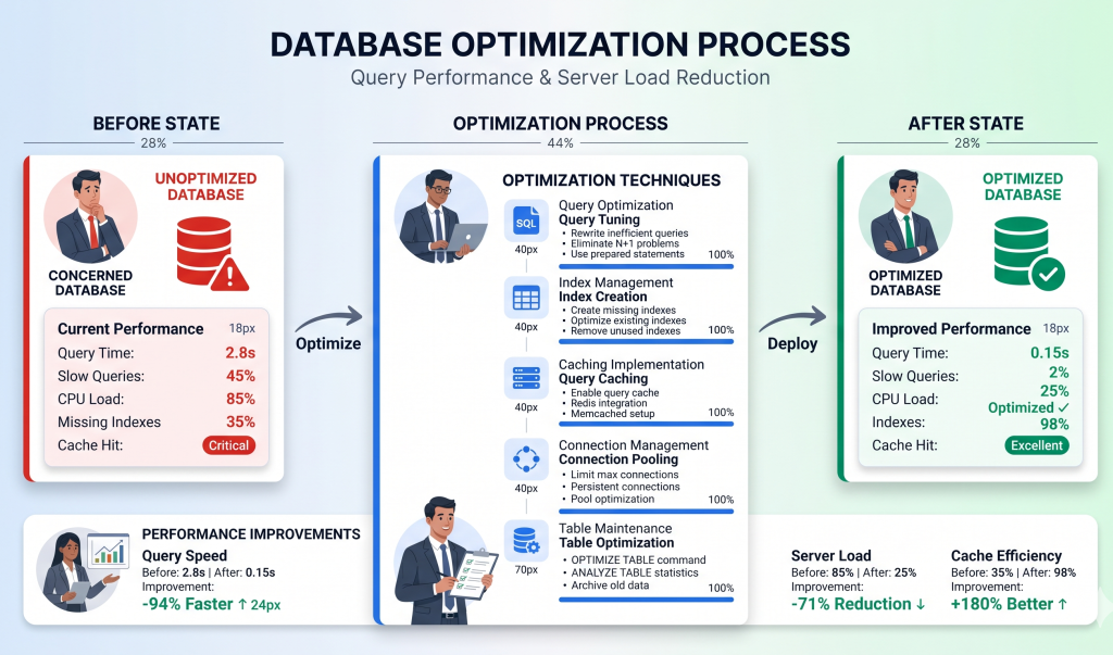 database optimization for VPS showing query performance indexing and reduced load