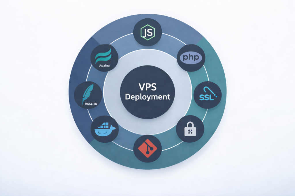 VPS deployment technology stack including Nginx Apache Node.js PHP MySQL Docker Git and SSL