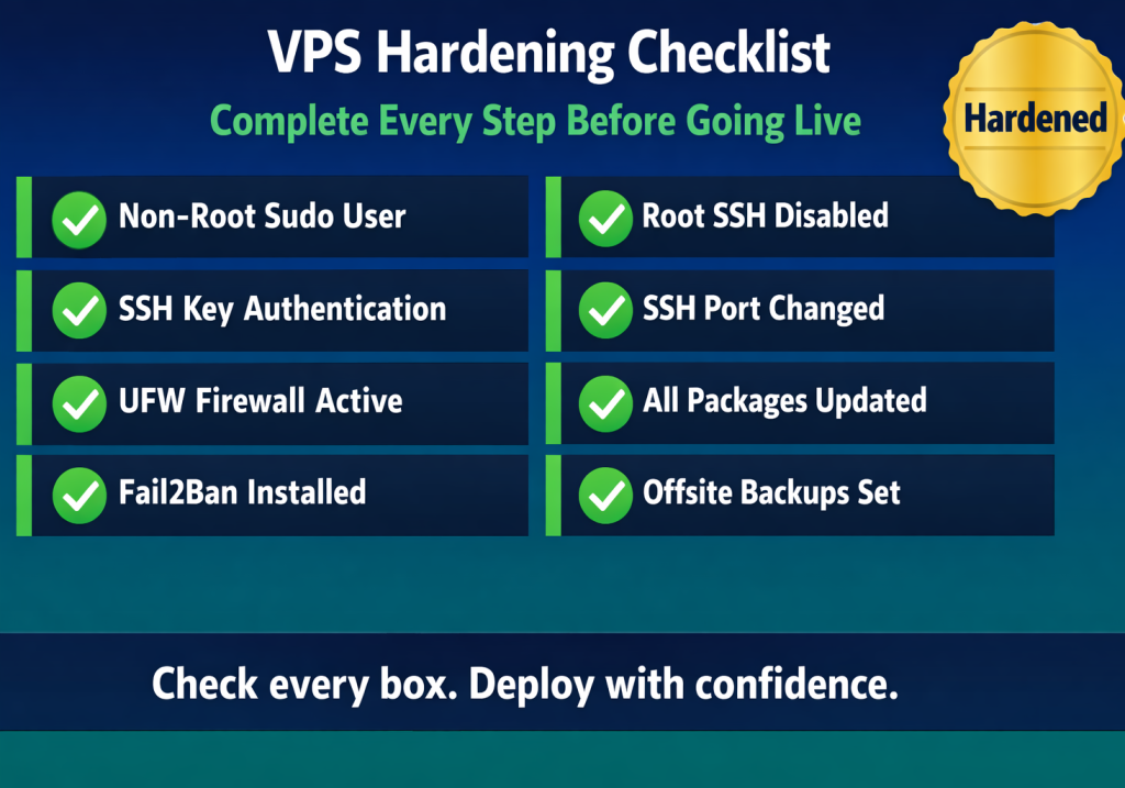 vps hardening checklist security best practices firewall ssh users updates