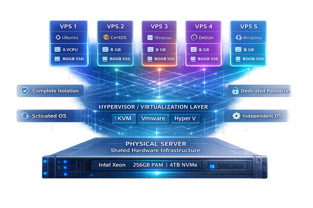 VPS hosting architecture showing physical server divided into multiple virtual private servers with dedicated resources