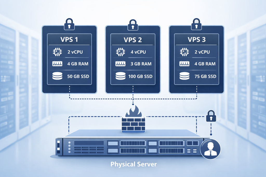 VPS hosting environment with isolated virtual servers and dedicated CPU RAM storage resources