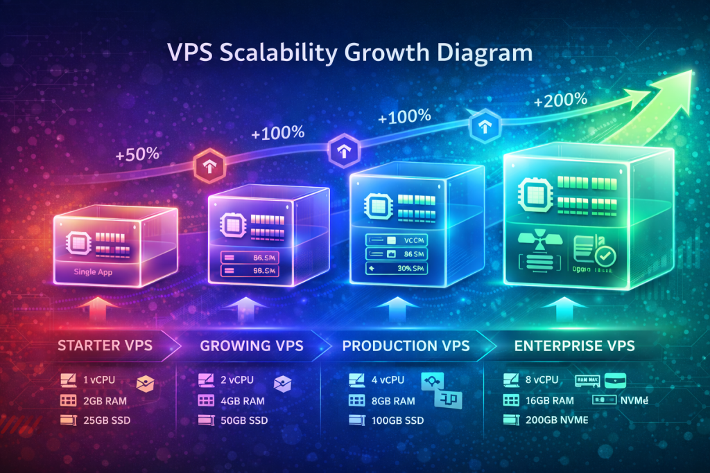 VPS scalability growth diagram showing upgrade path from starter VPS (2GB RAM) to enterprise VPS (16GB RAM) with 200% performance increase