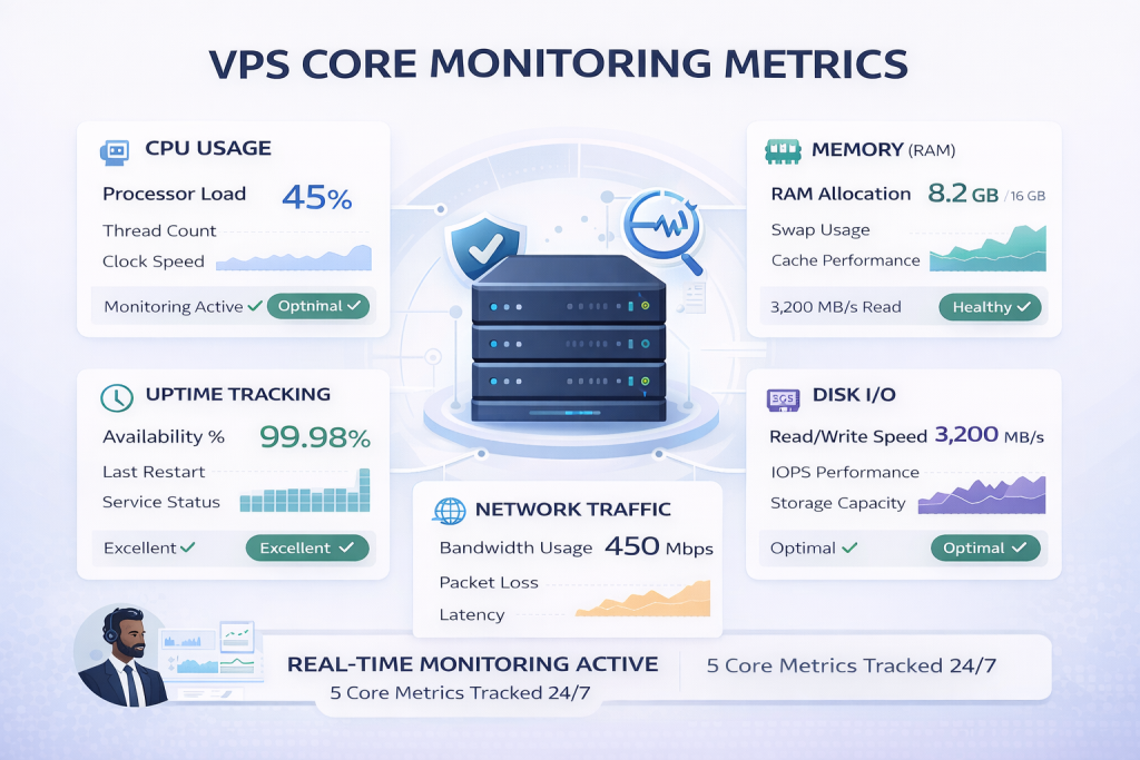 VPS monitoring metrics including CPU usage memory disk I O network traffic and uptime
