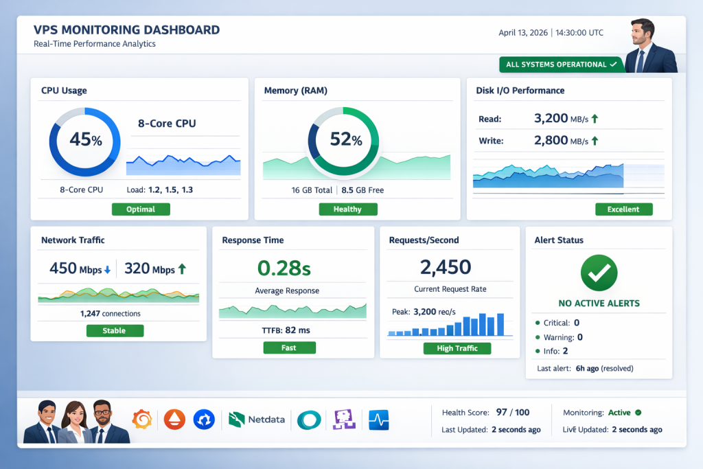 VPS monitoring dashboard tracking CPU memory disk usage and uptime