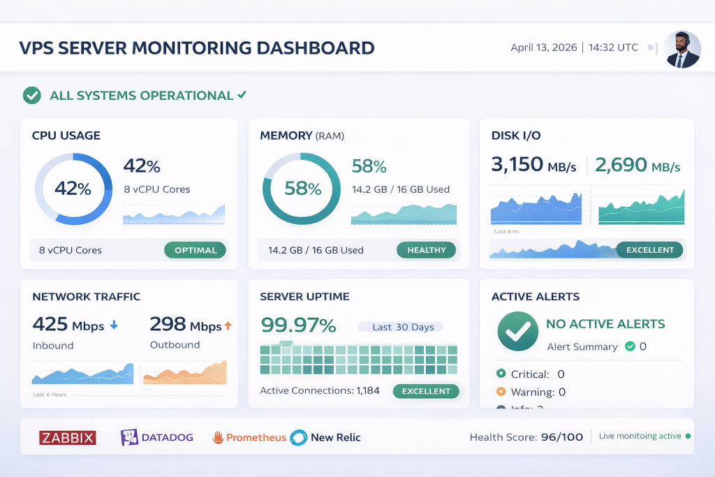 VPS server monitoring dashboard showing CPU memory disk usage uptime and alerts