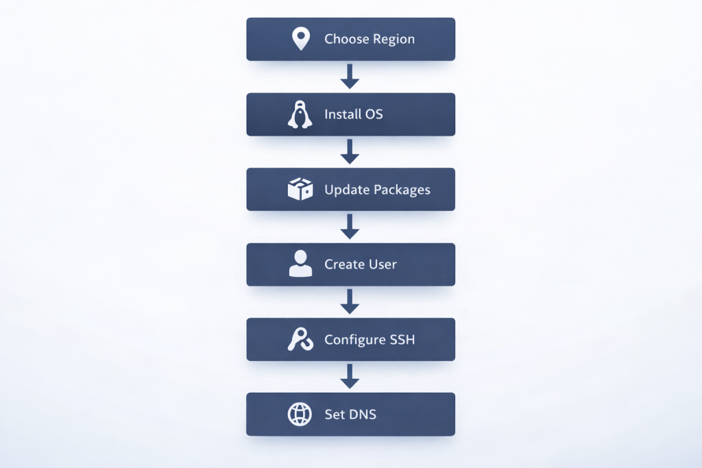step by step VPS server setup process including OS installation SSH configuration and DNS setup
