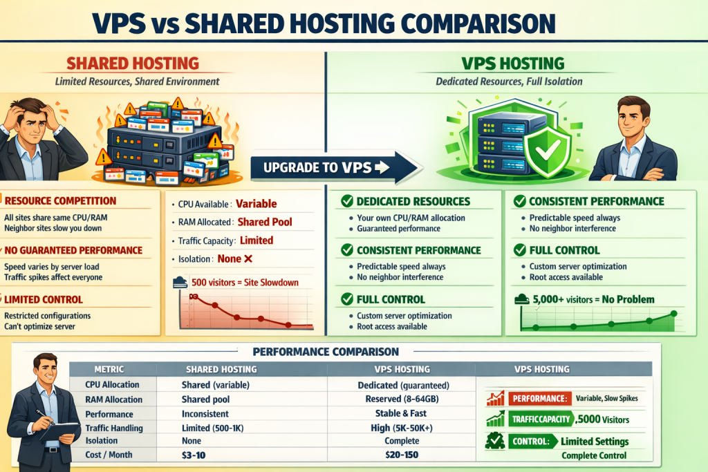 VPS vs shared hosting comparison showing better performance isolation and resource control