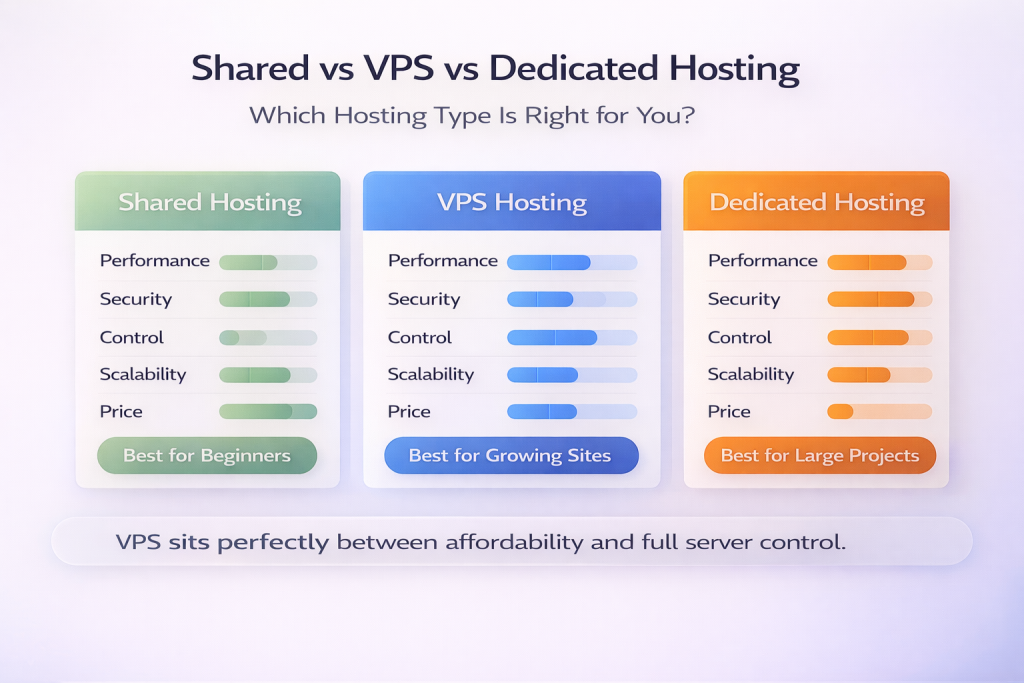 vps vs shared hosting vs dedicated server comparison infographic