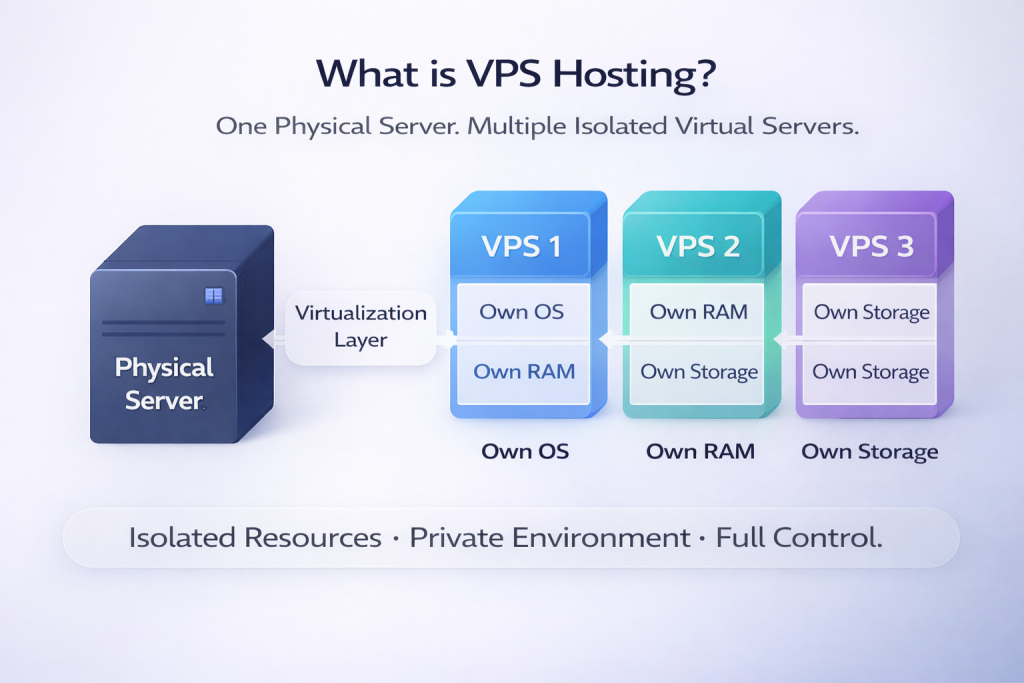 what is vps hosting diagram showing virtual private servers on one physical server