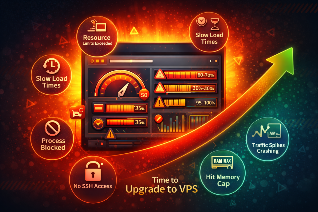 Signs you need to upgrade from shared hosting to VPS showing slow load times, resource limits exceeded, blocked processes, no SSH access, and traffic spike issues
