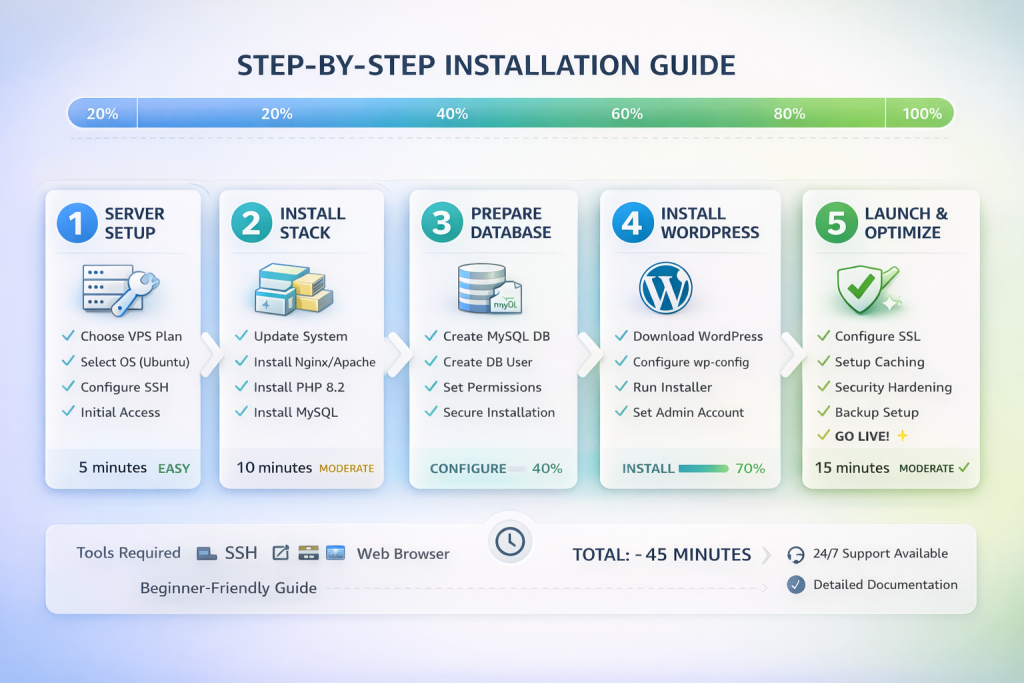 WordPress installation on VPS showing server setup database configuration and deployment steps