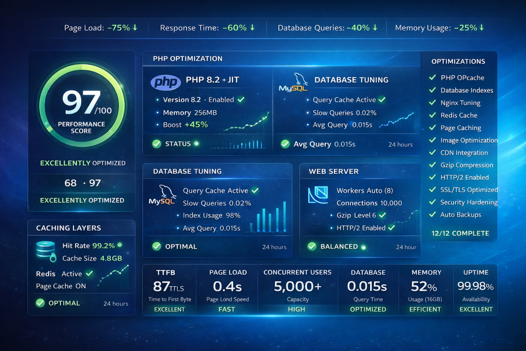 WordPress VPS performance optimization with caching monitoring and database tuning