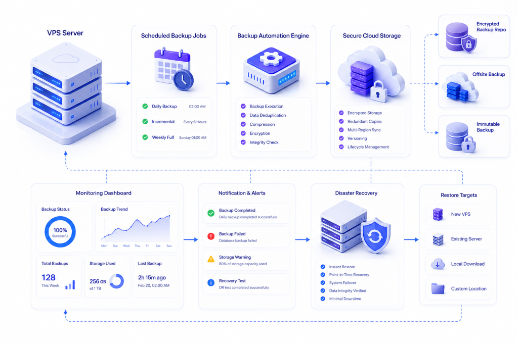 Automated VPS backup workflow using scheduled backups cloud storage monitoring and disaster recovery