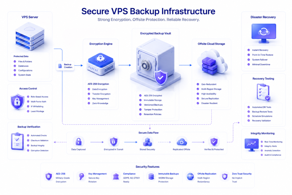 Secure VPS backup architecture with encryption offsite storage disaster recovery and backup verification