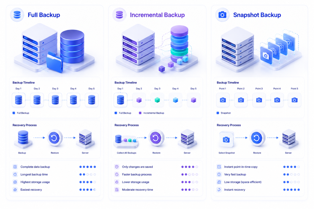 Comparison of full VPS backup incremental backup and VPS snapshot backup methods