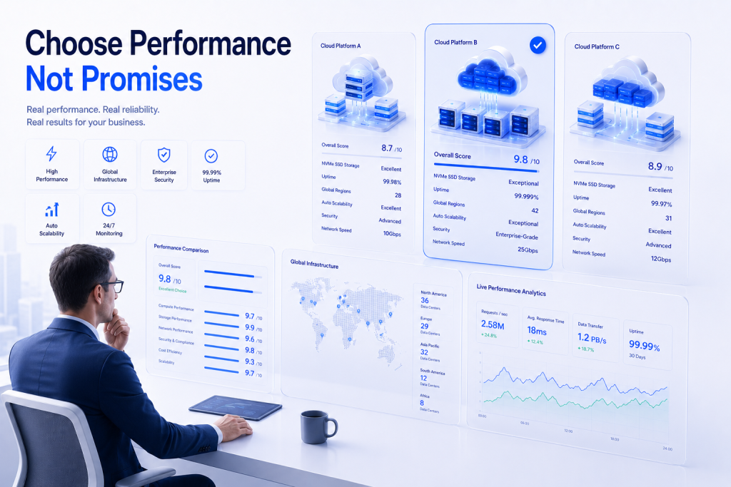 Business evaluating cloud hosting providers based on performance scalability uptime and infrastructure quality