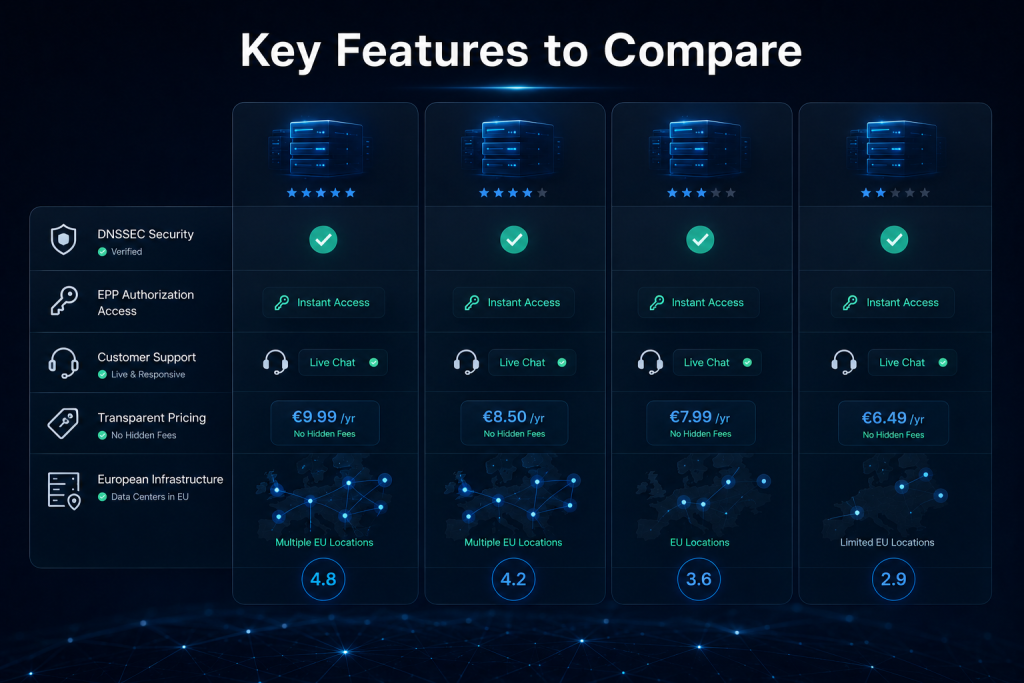 Comparison of domain registrar features including DNSSEC, EPP code access, customer support, pricing transparency, and European infrastructure