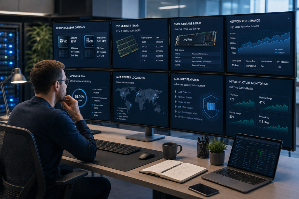 IT professional comparing bare metal hosting providers based on hardware, network performance, storage, support, and infrastructure