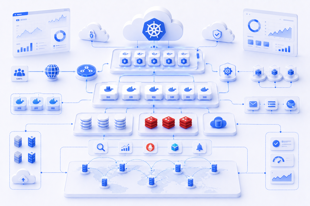 Cloud application scaling tools including Kubernetes Docker Redis monitoring and load balancing technologies