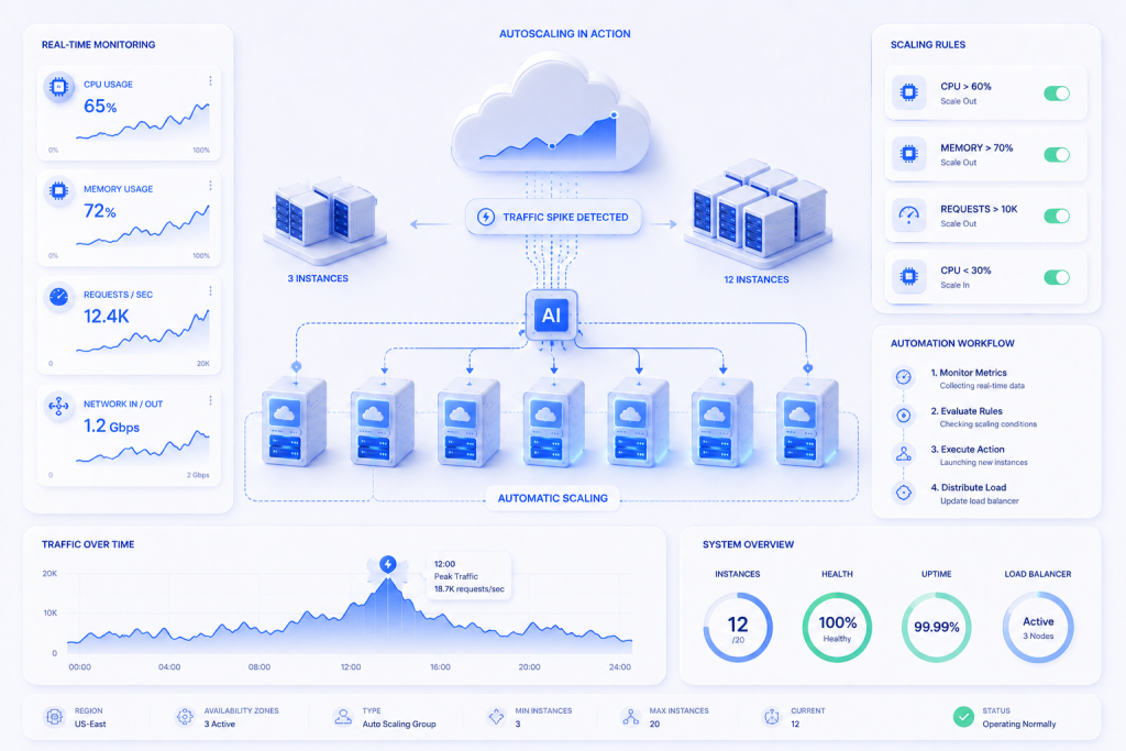 Cloud autoscaling system automatically increasing and reducing server resources based on traffic demand