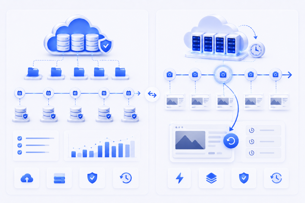 Comparison between cloud backups and snapshots for long-term recovery and fast rollback.