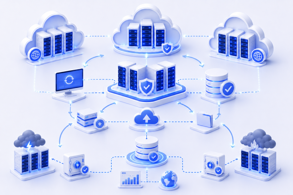 Cloud disaster recovery infrastructure with backup restoration and failover systems.