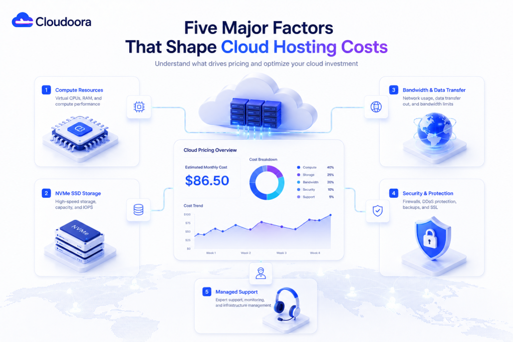 Cloud hosting cost factors including compute storage bandwidth security and managed services
