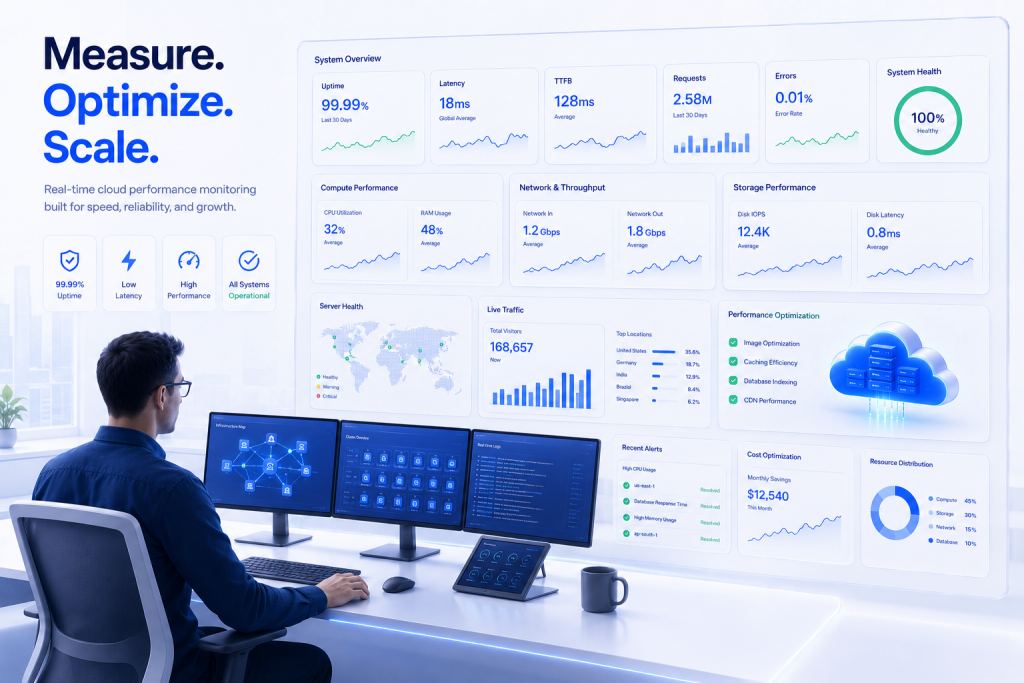 Cloud hosting performance monitoring dashboard displaying uptime latency TTFB CPU and cloud infrastructure analytics