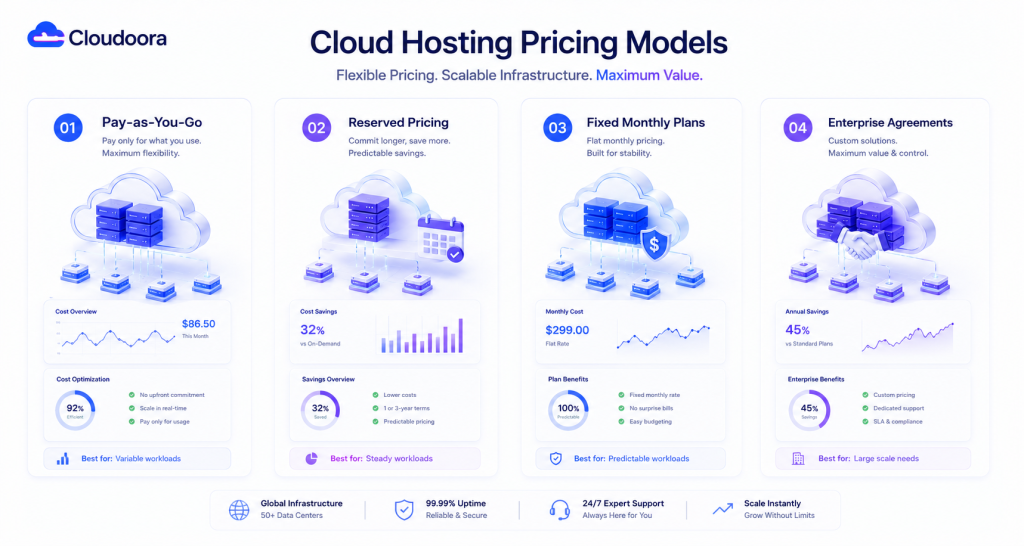 Comparison of pay as you go reserved fixed monthly and enterprise cloud hosting pricing models