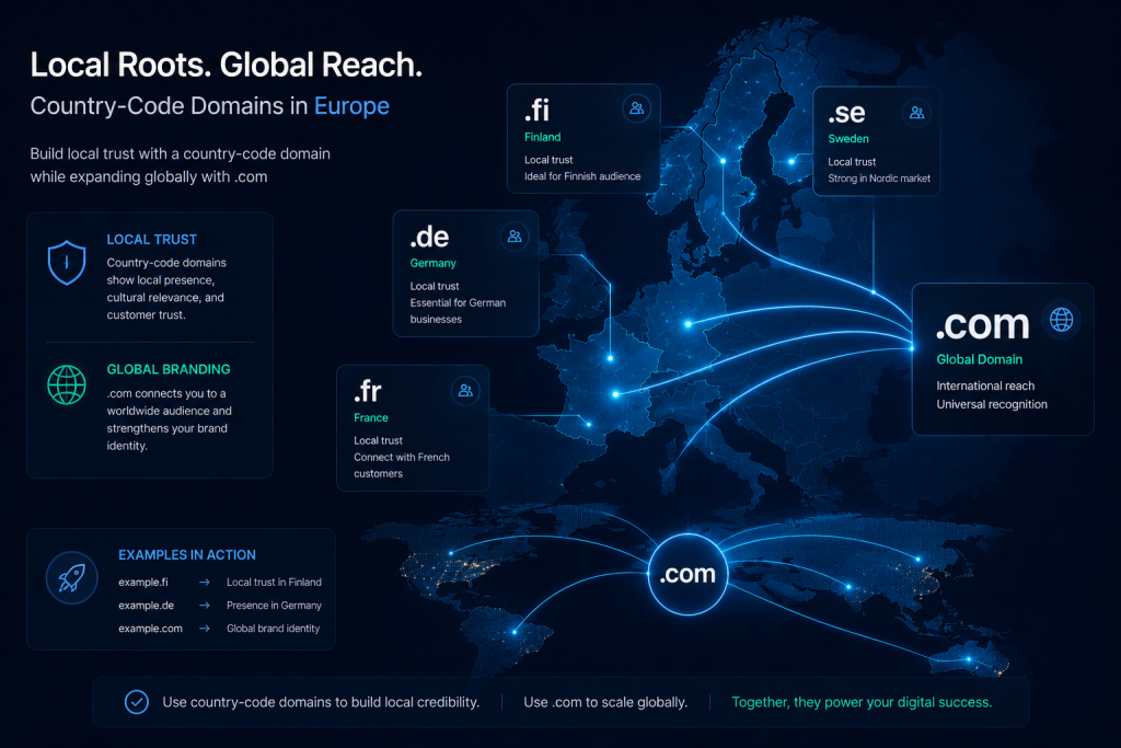 Comparison between .com domains and European country code domains for businesses