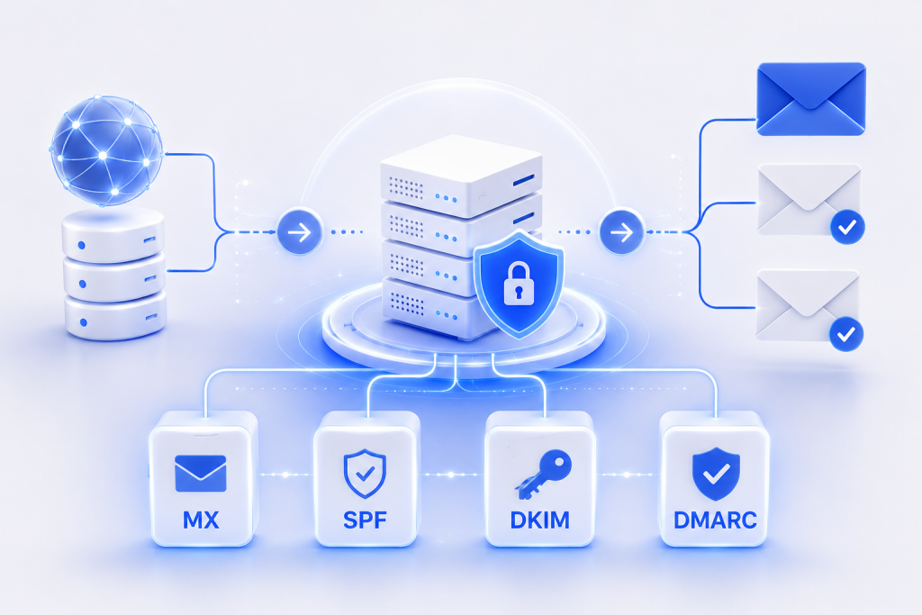 MX SPF DKIM and DMARC records configuration for secure cPanel email delivery and authentication.