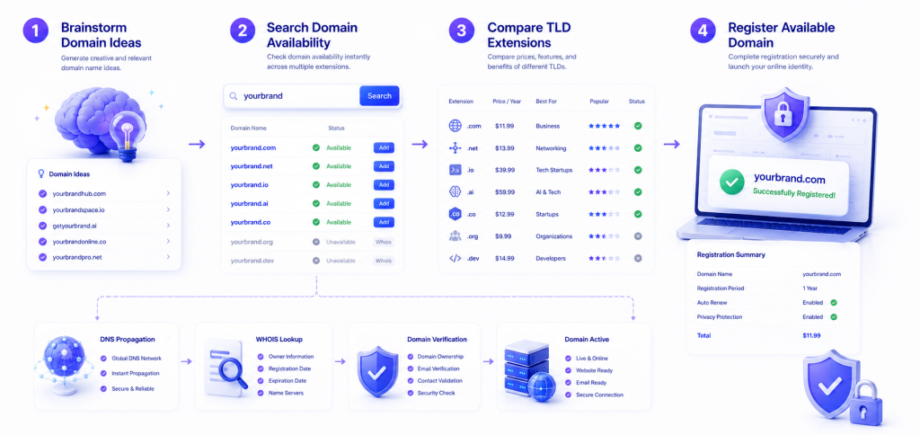 Step by step process for checking domain name availability and registering an available domain