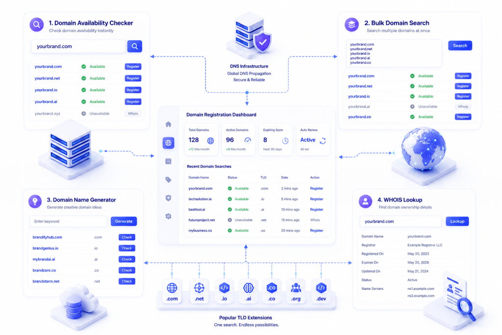 Comparison of fast domain search tools including bulk search domain generators and domain availability checkers