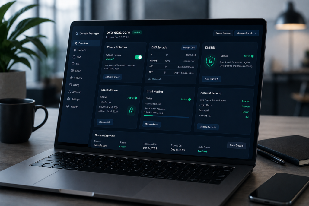 Business domain dashboard showing privacy settings DNS records and security controls
