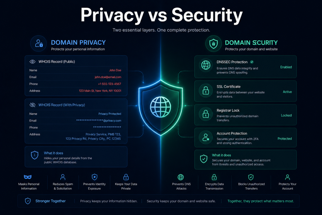 Comparison of WHOIS privacy, DNSSEC, SSL certificates, registrar lock, and account security