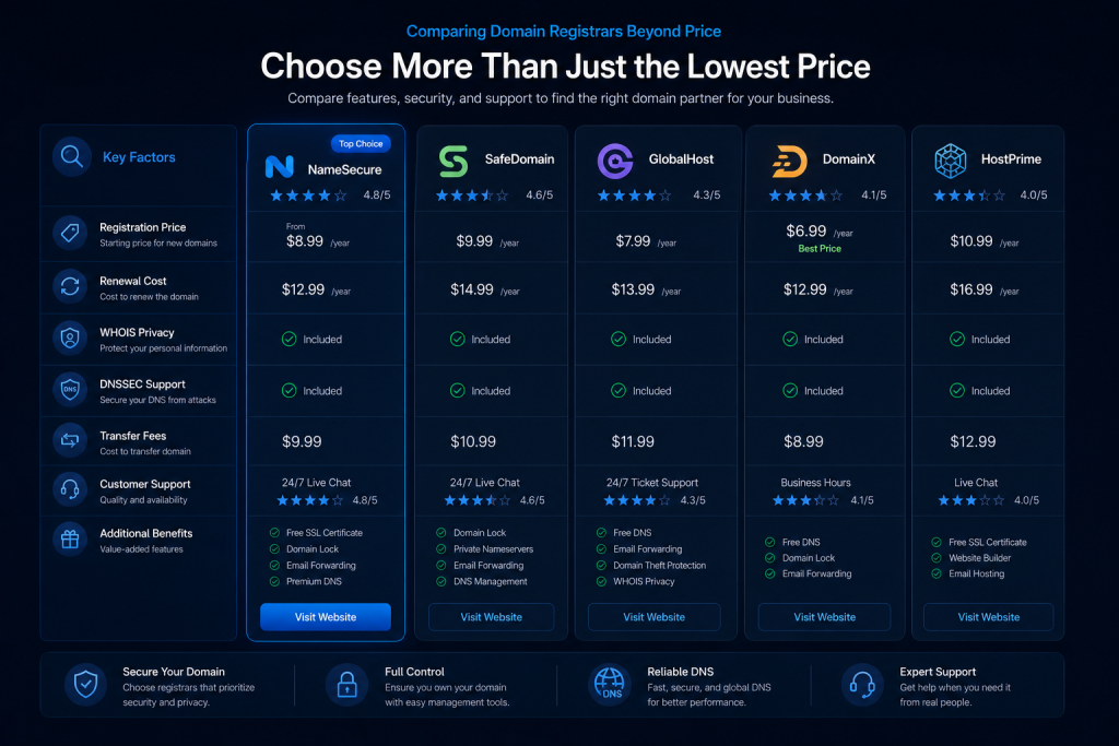 Comparison of domain registrars showing pricing DNSSEC privacy and transfer features