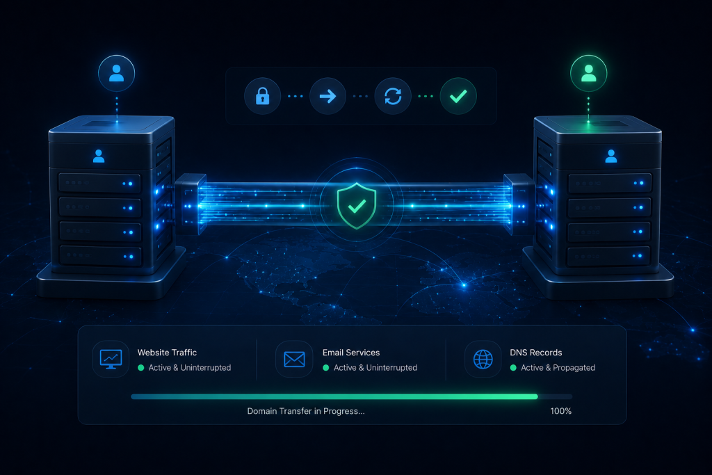 Domain transfer without downtime with active website, DNS records, and email services remaining online